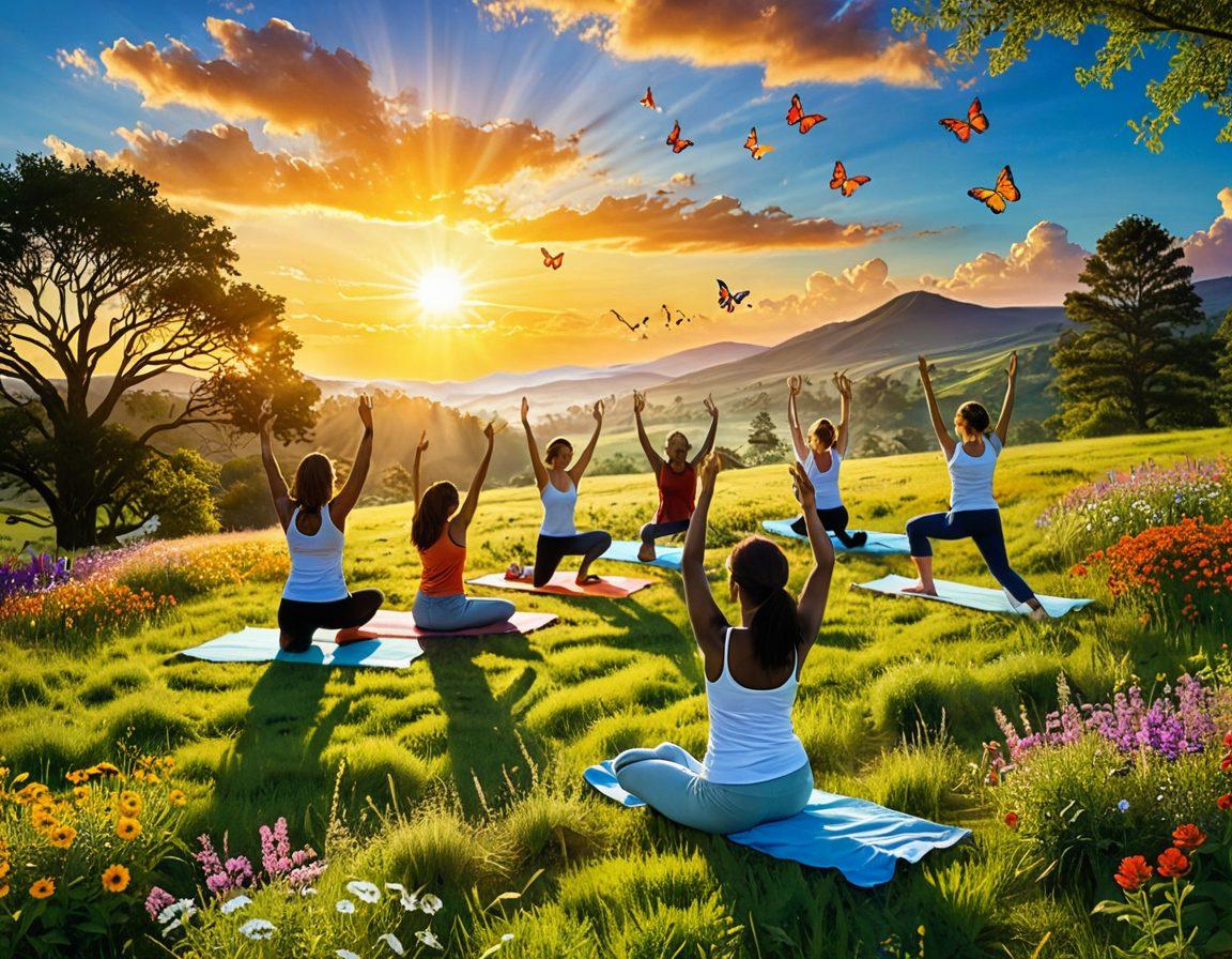 A serene landscape depicting a radiant sun rising over a lush green meadow filled with colorful wildflowers, where joyful people engage in activities like yoga, picnicking, and dancing. Their expressions reflect pure happiness and contentment. In the background, playful butterflies and birds soar in a clear blue sky, symbolizing freedom and joy. A gentle breeze seems to dance through the scene, inviting a sense of bliss. vibrant colors. super-realistic.