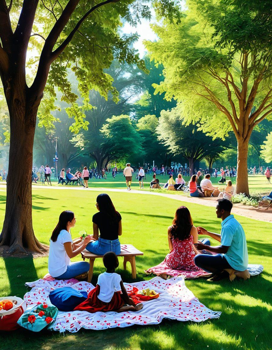 A warm and vibrant scene depicting diverse people laughing together in a sunlit park, engaging in joyful activities like picnicking and playing games. Surrounding them are blooming flowers and greenery that evoke positivity and serenity. In the background, soft rays of sunlight filter through the trees, creating a magical atmosphere. Include elements of art like colorful murals or banners that emphasize the theme of togetherness and positivity. super-realistic. vibrant colors. outdoor setting.