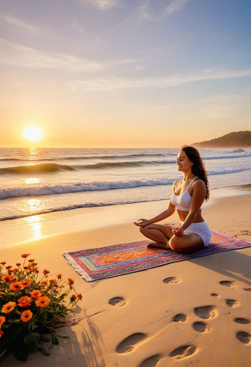 A serene scene depicting a person practicing yoga on a peaceful beach at sunrise, surrounded by colorful flowers and gentle waves. Soft, warm sunlight casts a golden hue, symbolizing happiness and tranquility. In the background, a few friends are enjoying a picnic, laughter in the air. Emphasize a sense of harmony and bliss throughout the scene. super-realistic. vibrant colors. calm atmosphere.